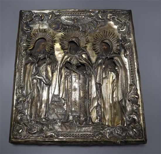 A 19th century Russian/Greek icon with silver-plated oklad 36 x 32cm